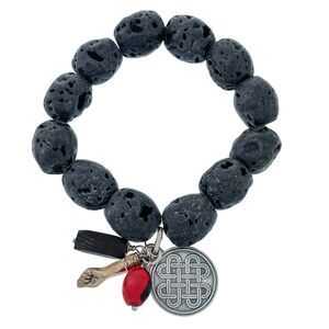 Sterling Silver 950 Black Lava Bead Figa Huayruro Knot Jet Stretch Bracelet 7"